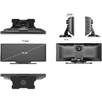 Measurement chart of a car dashboard camera with various angles and dimensions.