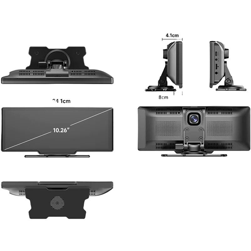 Measurement chart of a car dashboard camera with various angles and dimensions.