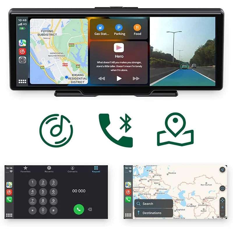 Car dashboard with navigation system displaying map and icons, with additional icons for phone, Bluetooth, and map on a white background.