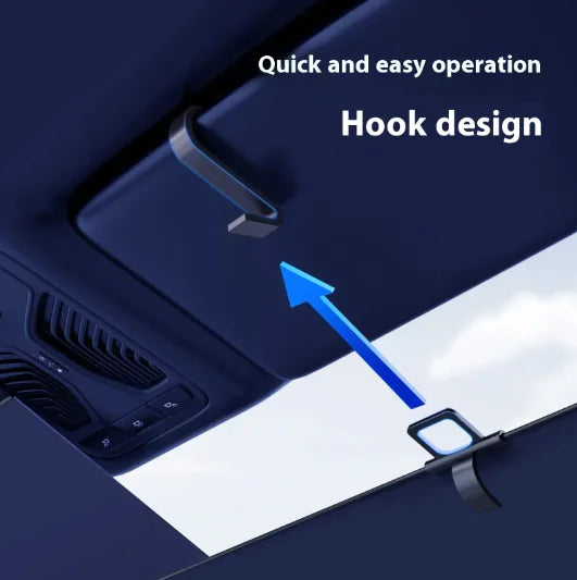 Car interior with a hook design on the ceiling, labeled 'Quick and easy operation Hook design'.