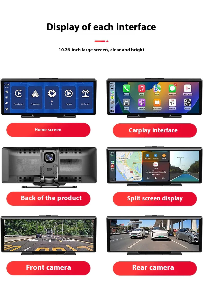 Display of each interface of a 10.26-inch large screen device with various screens and camera views.