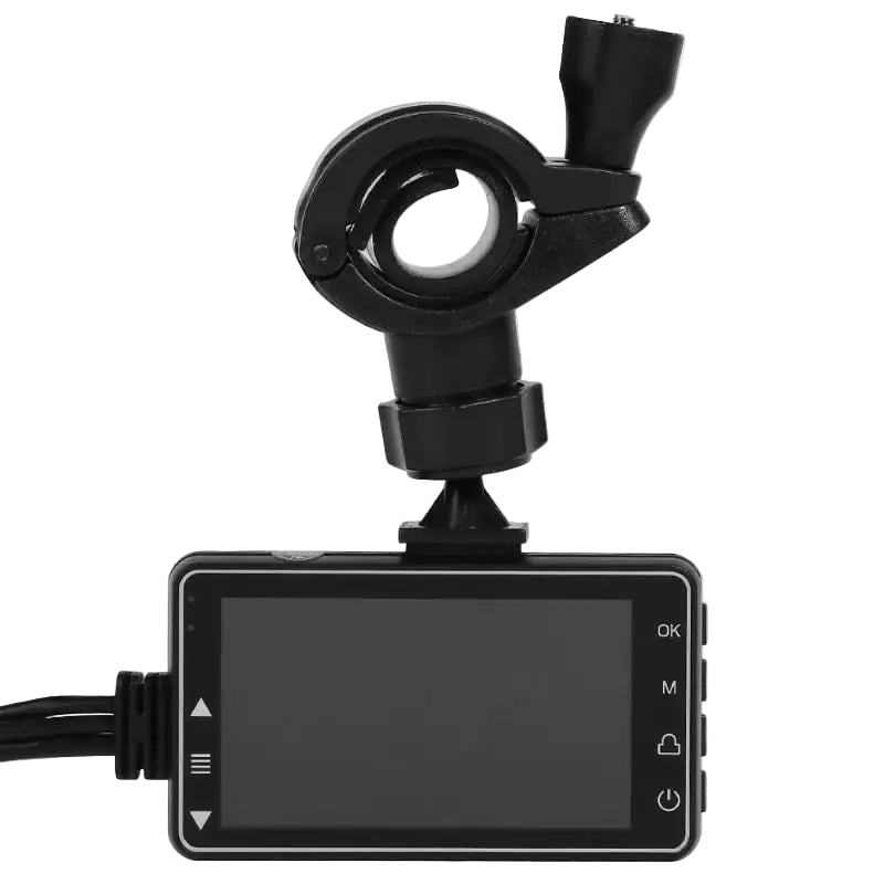 Car dashboard camera with screen and windscreen wiper attachment.