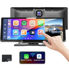 Car dashboard camera with touchscreen display and app icons, hand pointing at screen.