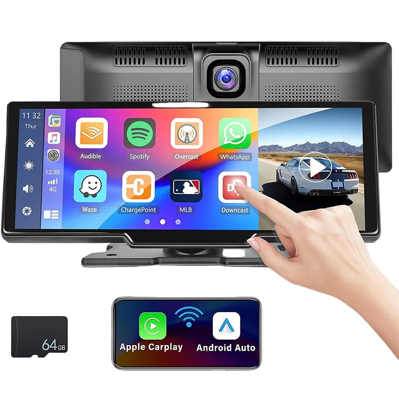 Car dashboard camera with touchscreen display and app icons, hand pointing at screen.