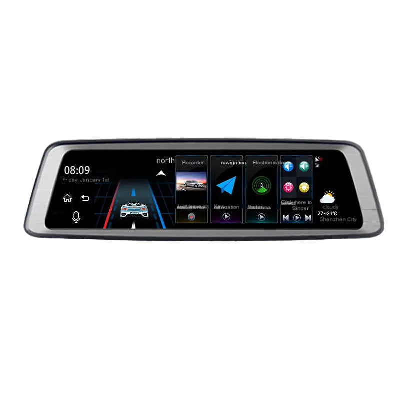 Car dashboard display with navigation and multimedia controls.