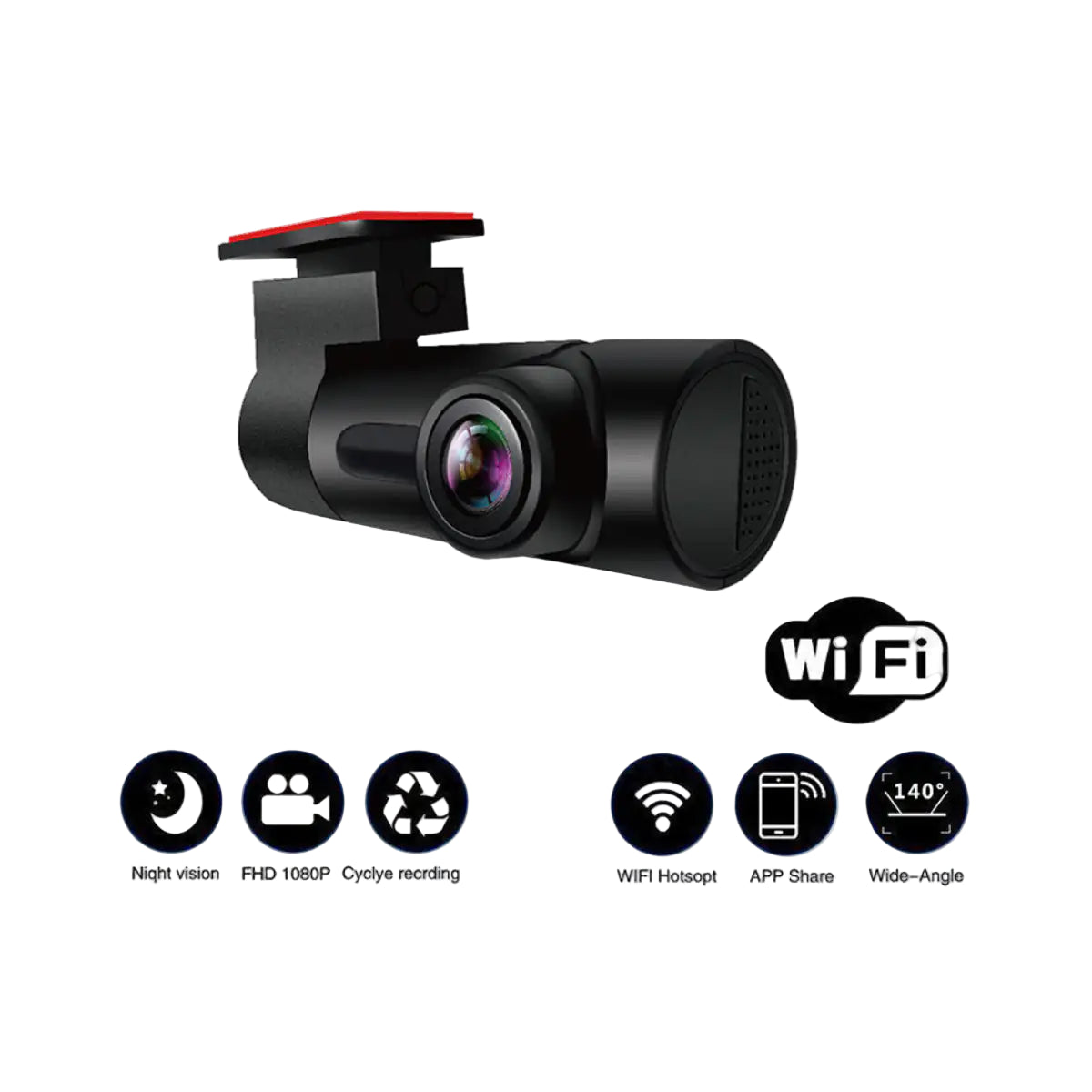 Car dashboard camera with WiFi and various features.