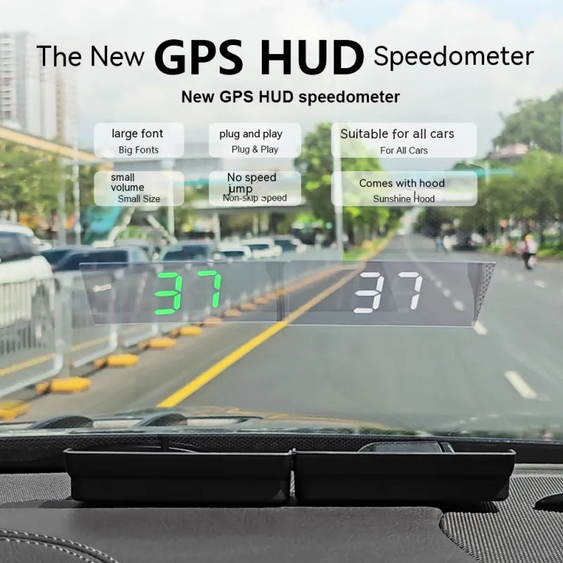 GPS HUD speedometer on a car dashboard.