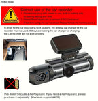 Car dashboard camera with usage instructions and warning signs.
