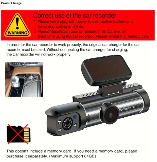Car dashboard camera with usage instructions and warning signs.