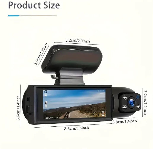 Car dashboard camera with dimensions labeled.