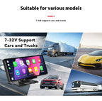 Car dashboard monitor with app icons, surrounded by images of cars and trucks.