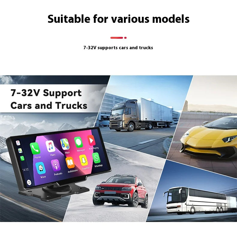 Car dashboard monitor with app icons, surrounded by images of cars and trucks.
