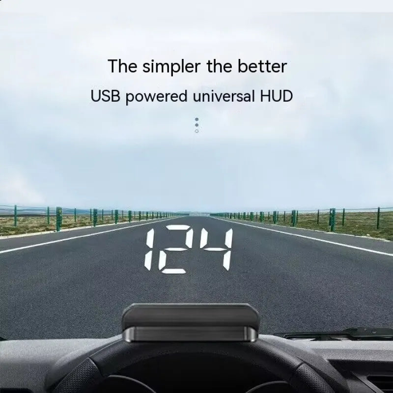 USB powered universal HUD displaying '124' on a car dashboard.