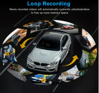 Circular collage of a car in various settings with text about loop recording.