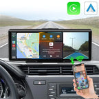 Car dashboard with a navigation system and smartphone displaying app icons, with road and landscape in the background.