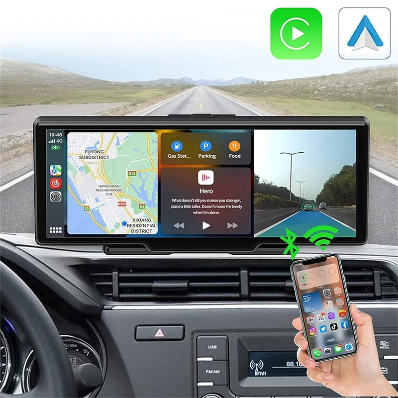 Car dashboard with a navigation system and smartphone displaying app icons, with road and landscape in the background.