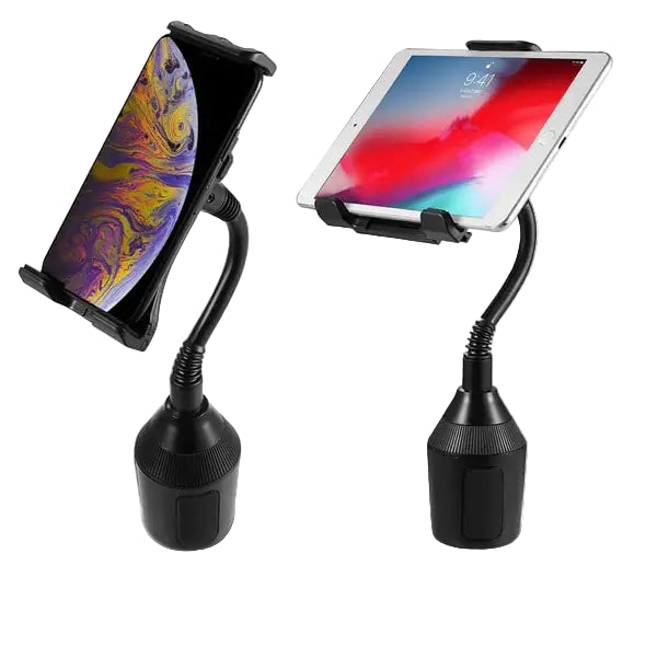 Two flexible phone holders with cup holders, one for a smartphone and one for a tablet, on a white background.
