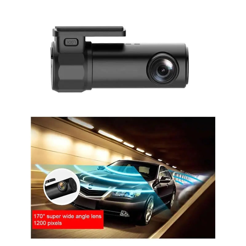 Car dashboard camera with a inset showing its wide-angle lens capability.