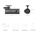 Dimensions and included items of a car DVR system.