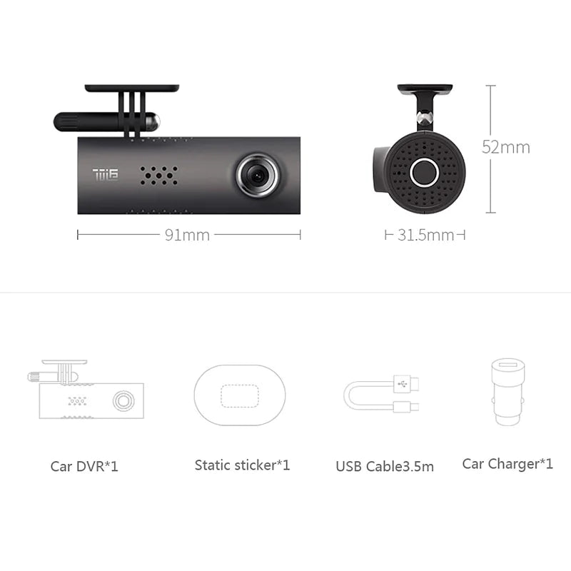 Dimensions and included items of a car DVR system.