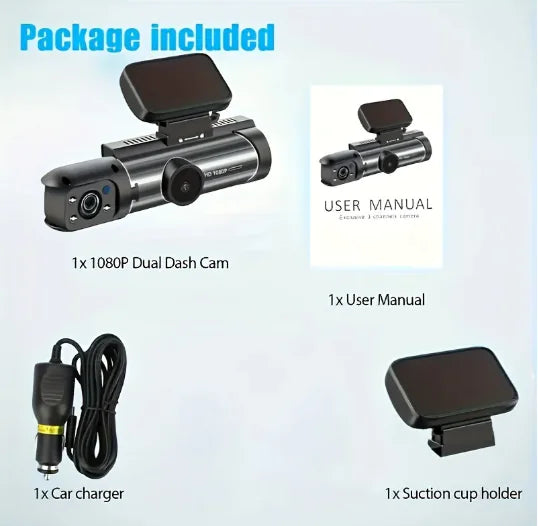 Car dash cam package with dual camera, user manual, car charger, and suction cup holder on a light gray background.