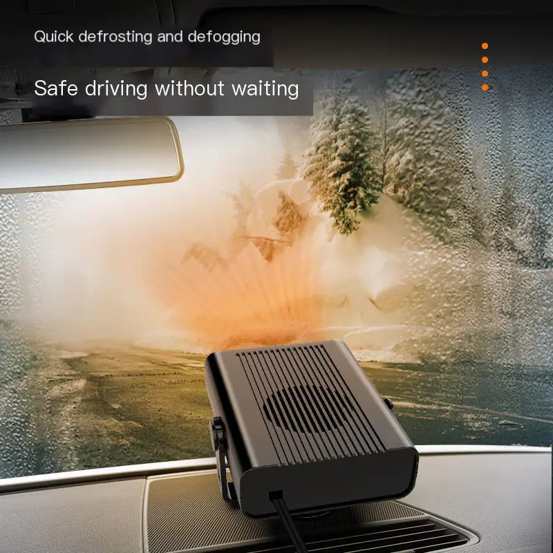 Car defroster on a dashboard with text 'Quick defrosting and defogging' and 'Safe driving without waiting'.