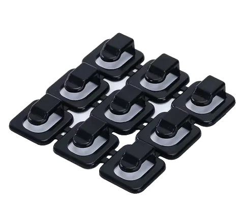 Set of black plastic clips.