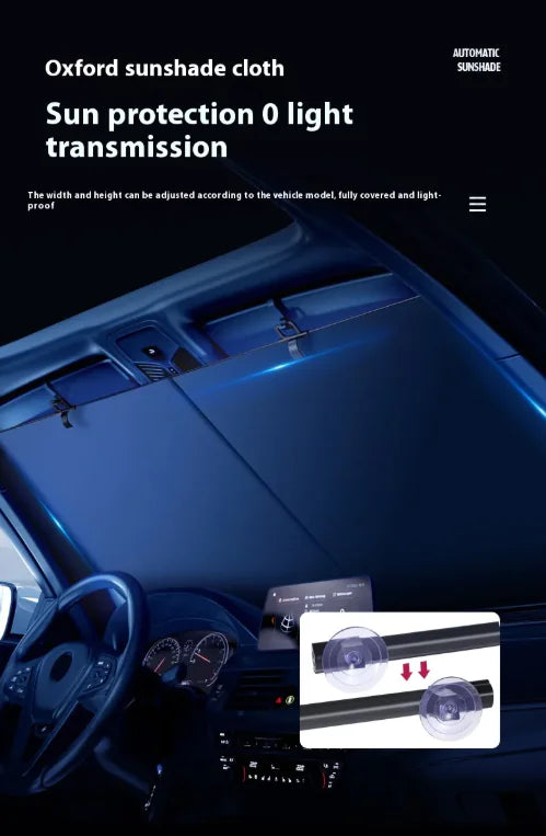 Car sunshade cloth with text on sun protection and light transmission, displayed inside a car.