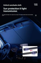 Car sunshade cloth with text on sun protection and light transmission, displayed inside a car.