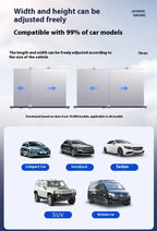 Automated sunshade product description with vehicle compatibility icons.