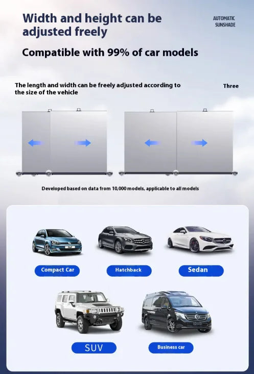 Automated sunshade product description with vehicle compatibility icons.