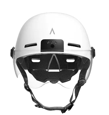 White helmet with clear visor and black chin strap.