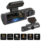Car dashboard camera with dual lenses and features displayed.