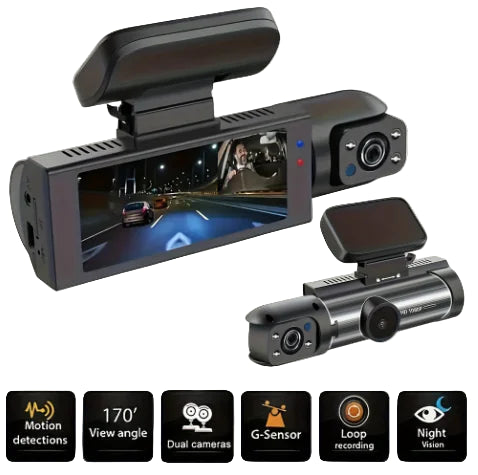 Car dashboard camera with dual lenses and features displayed.