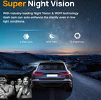 Car driving on a road with 'Super Night Vision' technology features displayed.