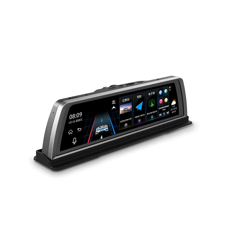 Car dashboard monitor with touchscreen interface.