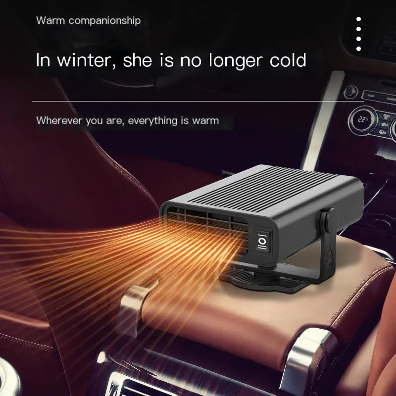 Car air freshener with warm glow on car dashboard, text 'Warm companionship' and 'In winter, she is no longer cold'.