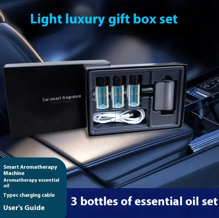 Car smart fragrance set with essential oils and charging cable on a car dashboard.