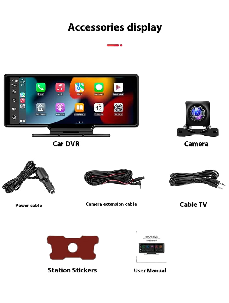 Collection of car accessories including a Car DVR, camera, power cable, camera extension cable, cable TV, station stickers, and user manual.