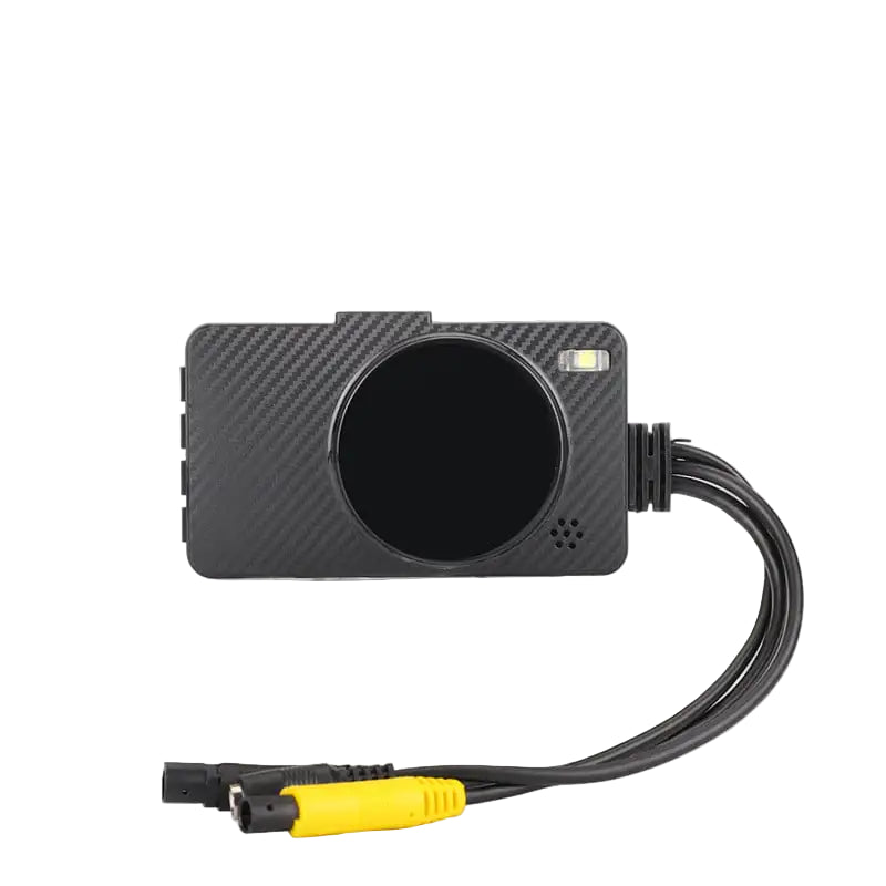 Car dashboard camera with carbon fiber texture.